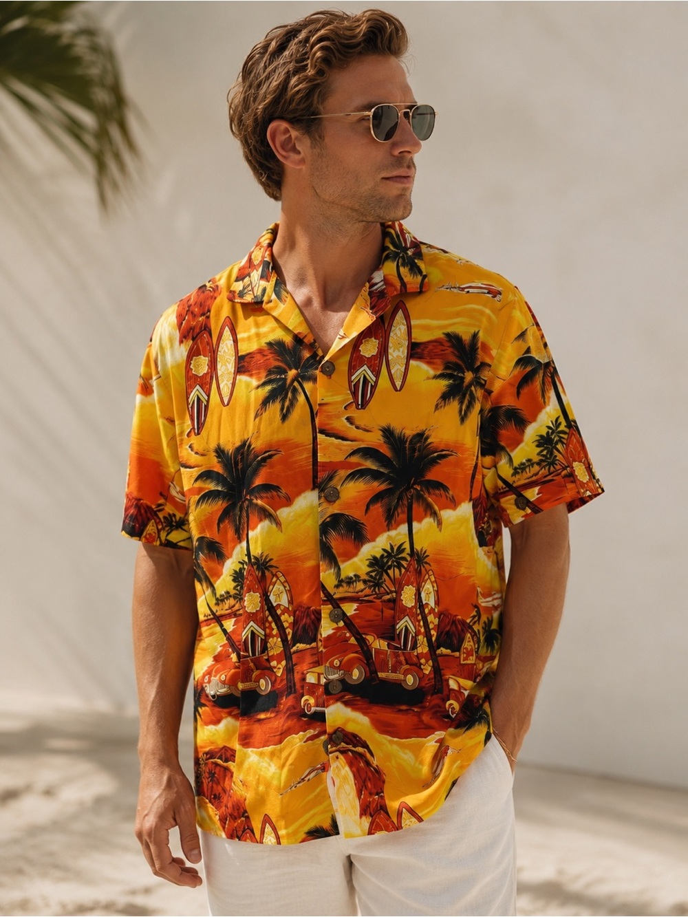 Royal Creations Hawaiian Tiki 100% Cotton Orange Yellow Red Shirt XL
